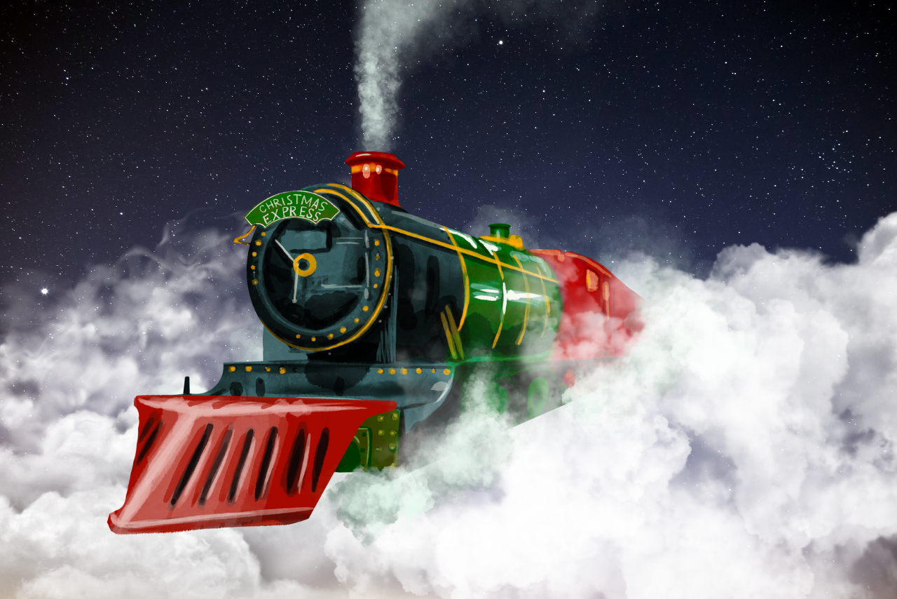 A festive steam train labeled "Christmas Express" travels through clouds against a starry night sky, emitting smoke. The scene feels magical and whimsical.