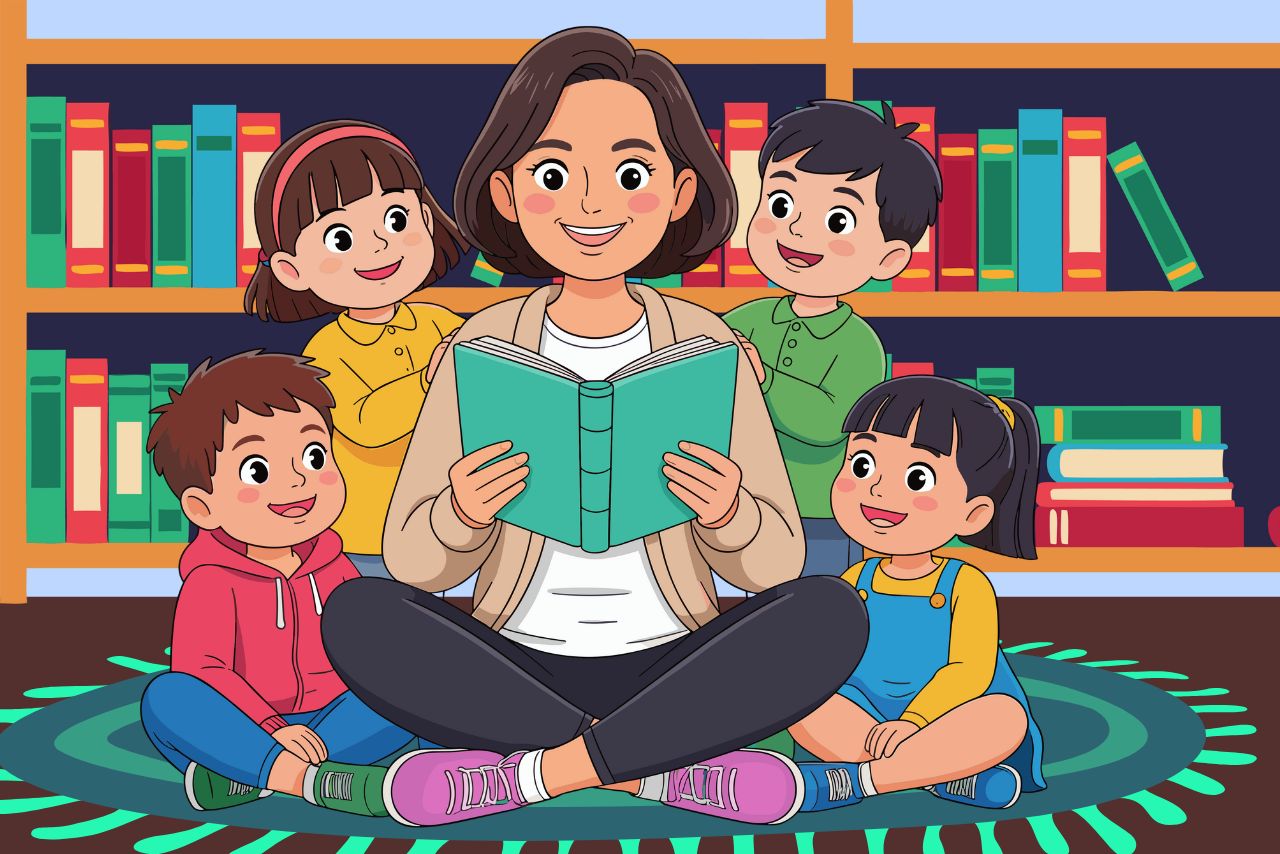 A woman sits cross-legged on a rug, reading a book to four smiling children. They're surrounded by colorful bookshelves, conveying warmth and curiosity.