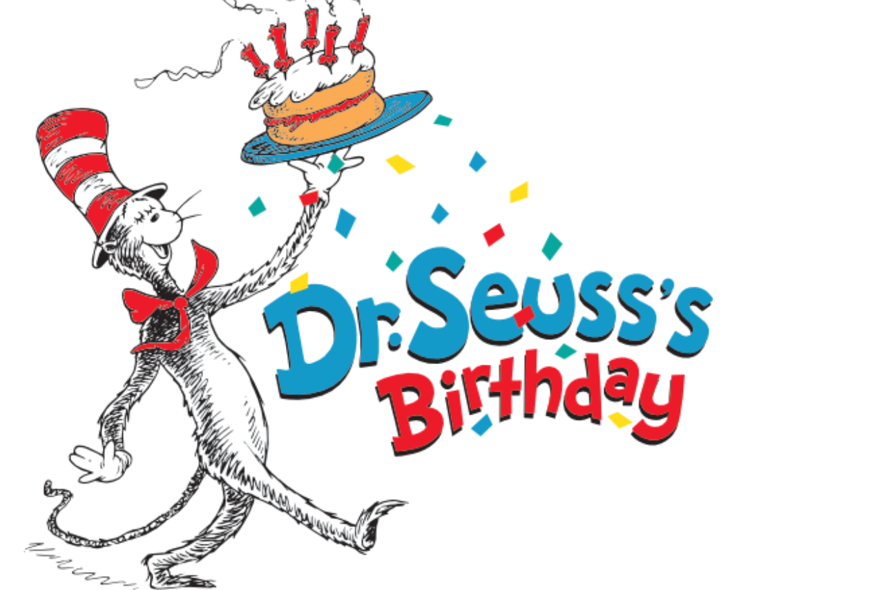 Illustration of a smiling cat in a striped hat holding a cake with red candles. Text reads "Dr. Seuss's Birthday" in colorful letters. Confetti surrounds the scene.
