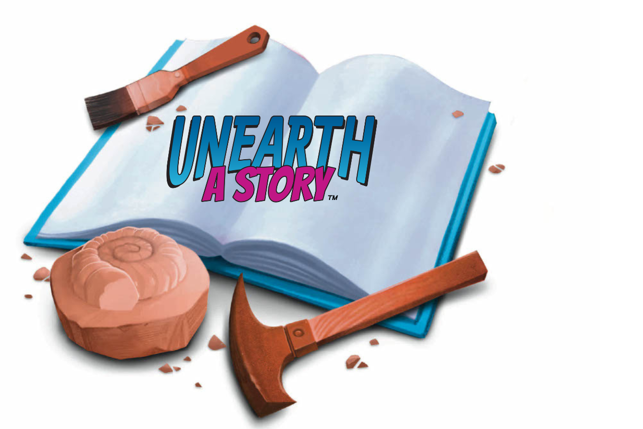 Illustration of an open book titled "Unearth a Story" with a fossil, brush, and chisel beside it.