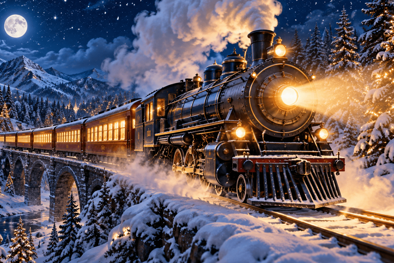A steam train with a bright headlight travels across a stone bridge through a snow-covered mountain landscape under a full moon.