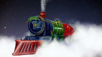 a steam locomotive seemingly traveling through the clouds against a night sky background