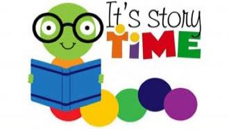  a book worm with different colored sections. Worm is wearing black eyeglass and holding an open book. the words It' story time are feautured on the worm's left.