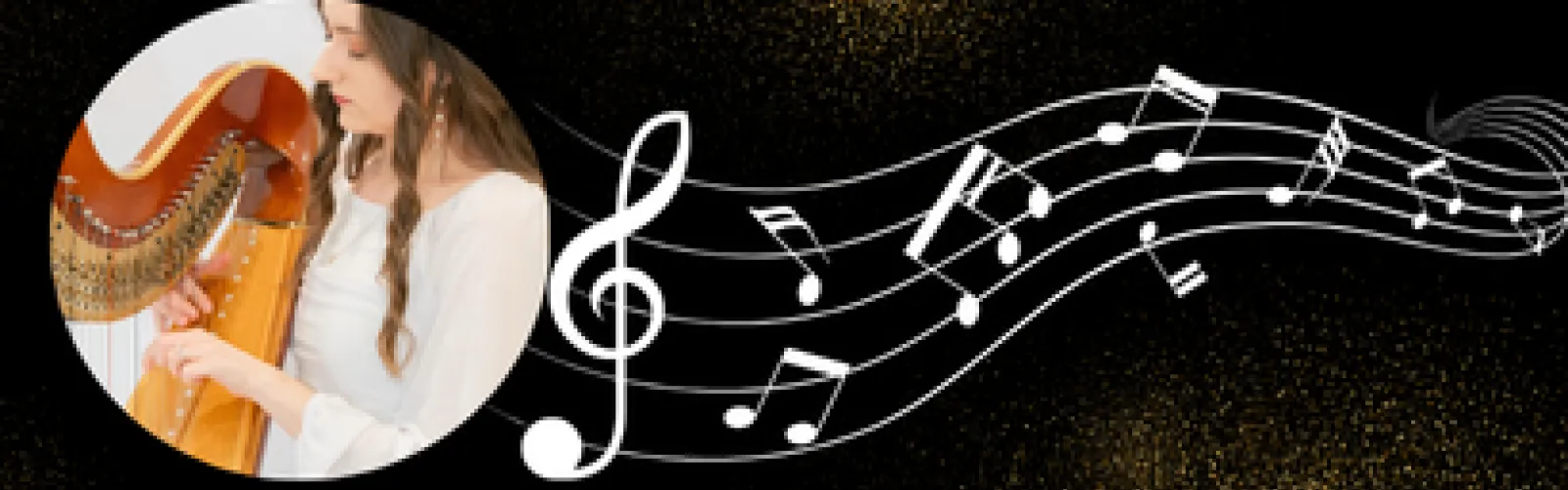A woman in a white top plays a harp on the left; flowing musical notes and symbols extend across a black background with gold speckles.   Start your fre