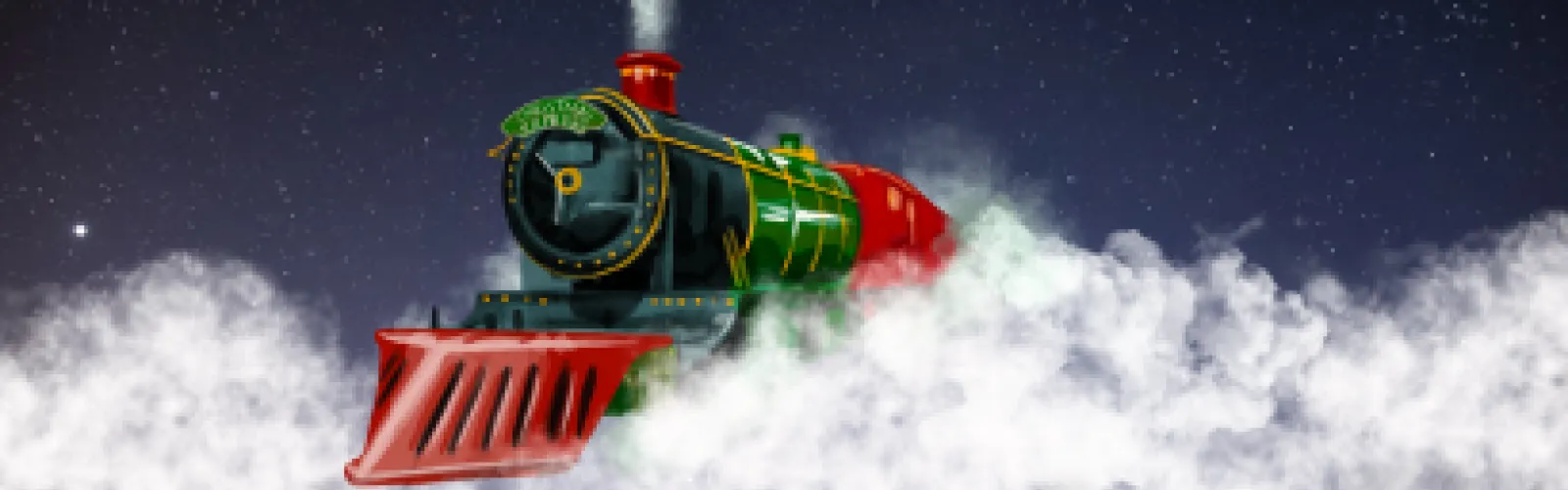 A festive red and green steam locomotive travels through clouds against a starry night sky