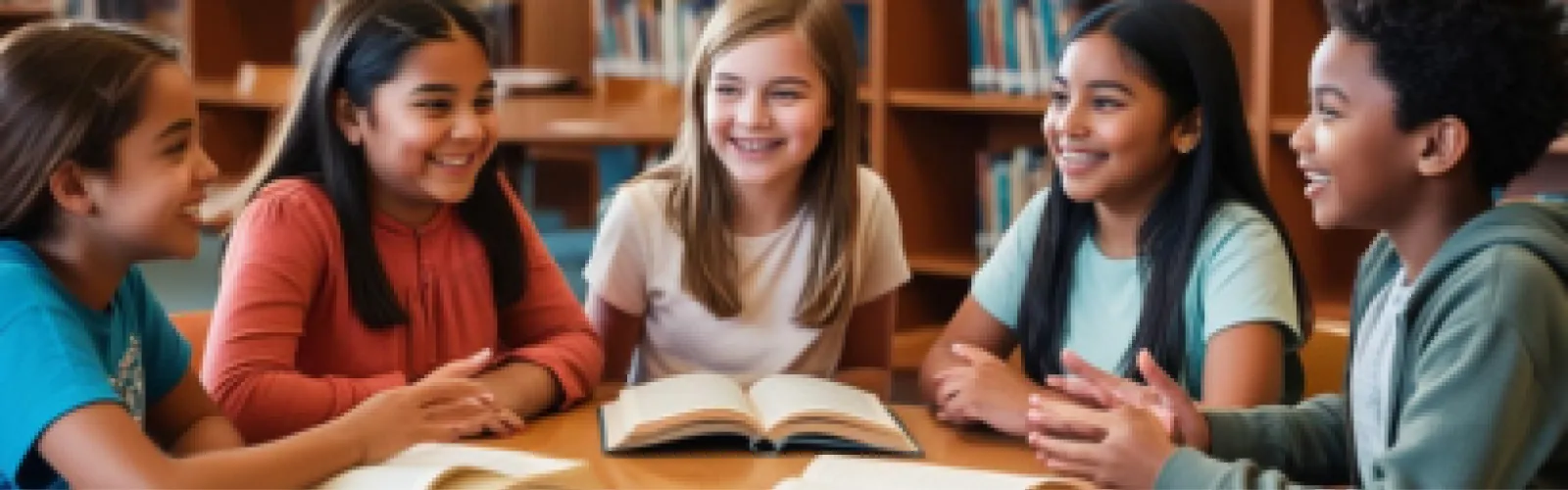Tweens sitting around a table at a library