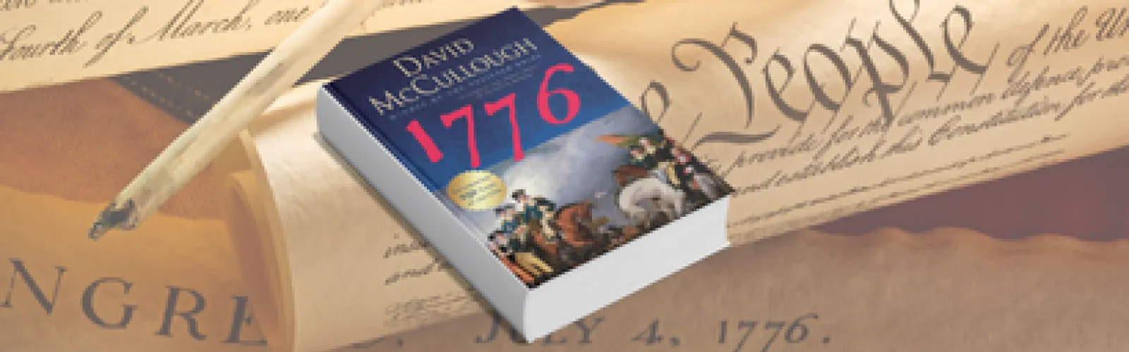 Book titled "1776" by David McCullough on a background with the U.S. Constitution and a quill pen.