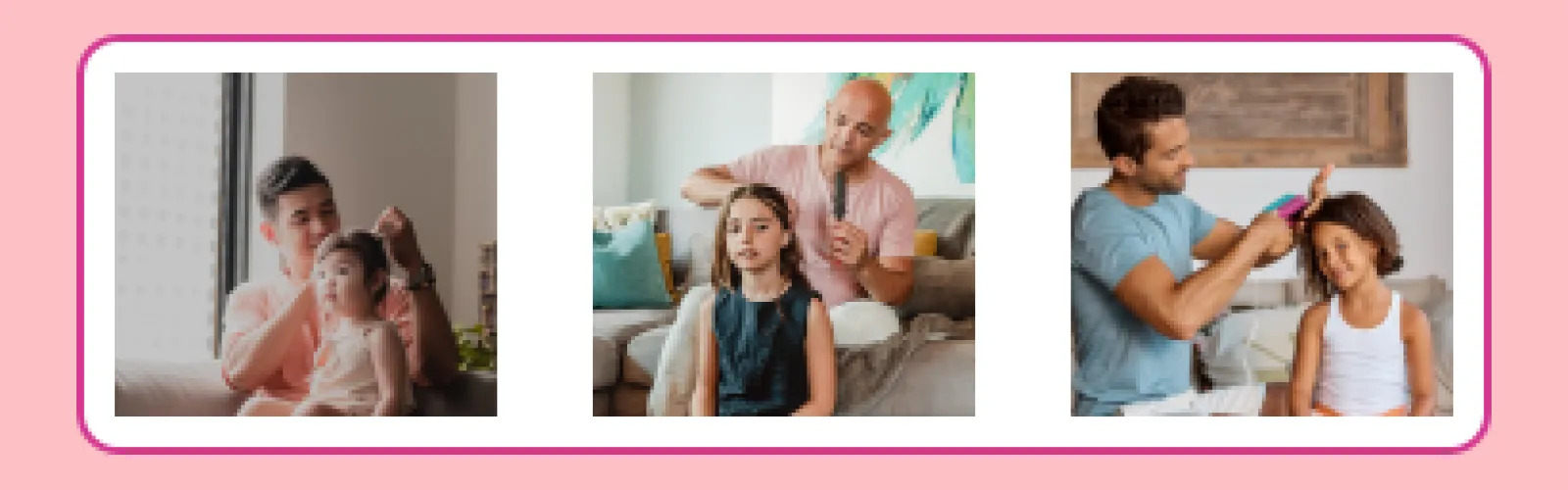 Fathers bonding with daughters while styling their hair at home. Warm lighting and cozy settings convey a sense of care and affection.
