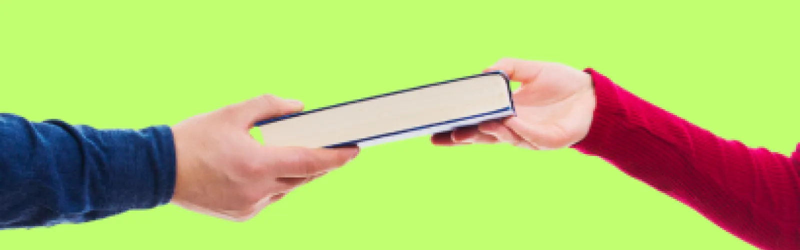 Two hands exchanging a closed book against a bright green background. One arm has a blue sleeve, the other a red one.
