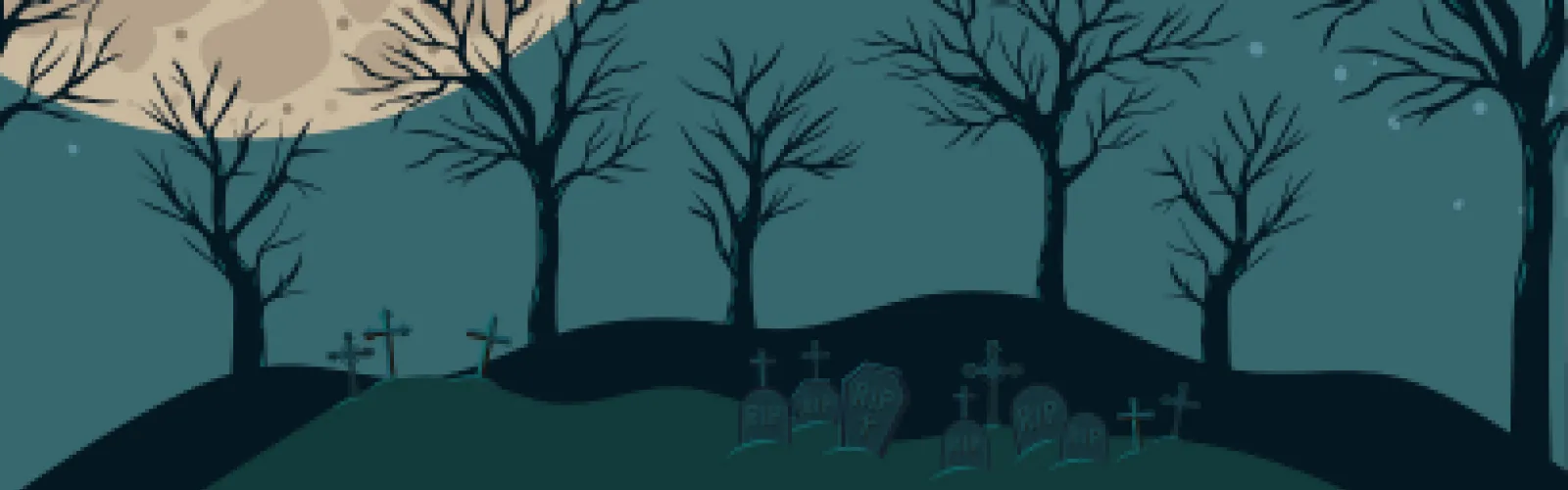Silhouette of a graveyard at night with leafless trees, a large full moon, and. stars in a dark sky.