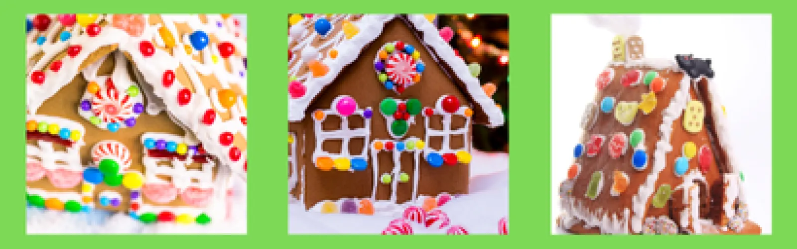 three pictures of gingerbread houses on a bright green background