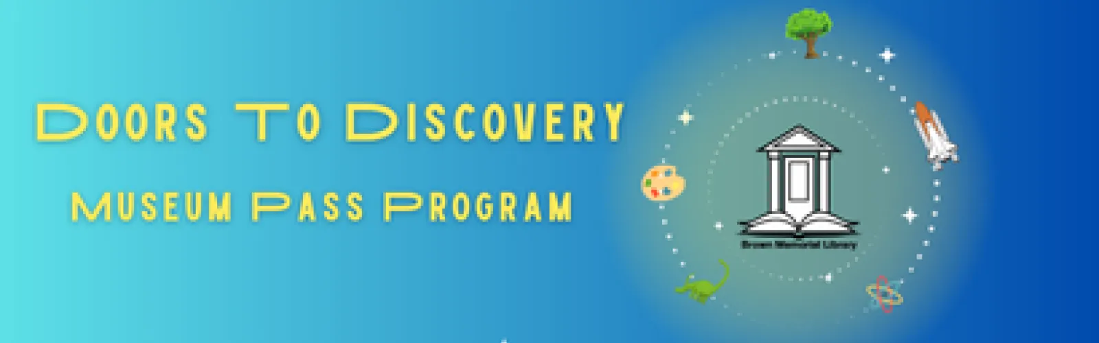 Objects including a tree, dinosaur, spaceship, and artwork orbiting the Brown Memorial Library Logo 