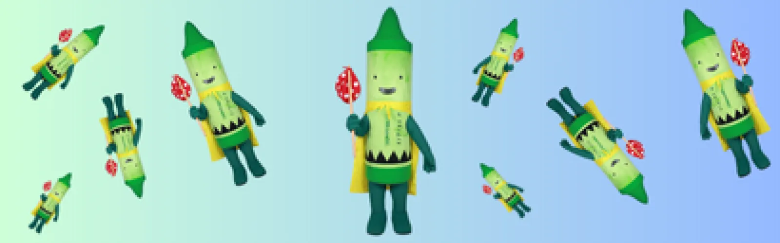 Multiple cartoon-style green crayon characters with happy faces are scattered across a pastel gradient background.