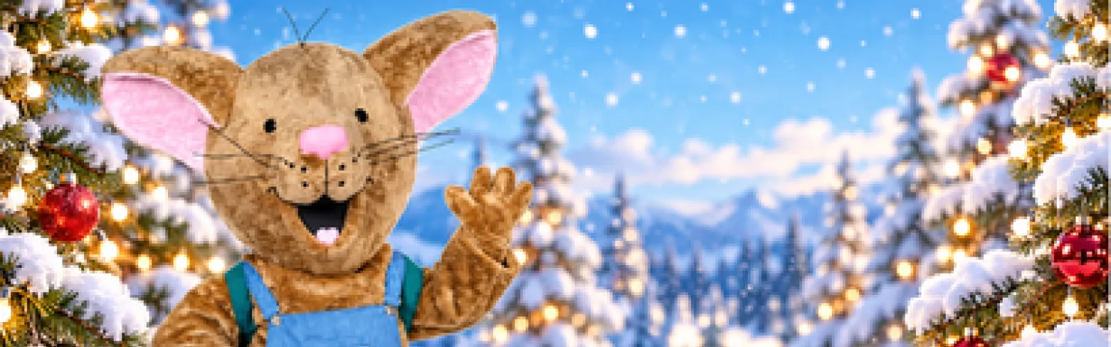 A cheerful plush mouse in blue overalls waves among snow-covered Christmas trees.